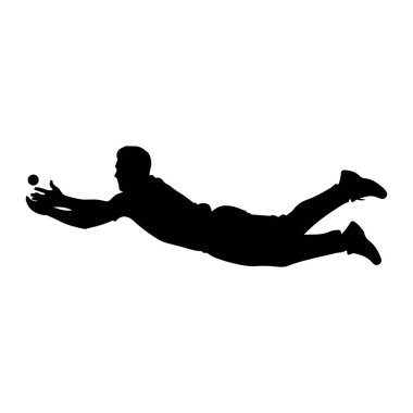 Havada süzülen siyah bir atletin silüeti, küçük bir topu yakalamak için kollarını uzatarak öne doğru dalıyor. Sporcunun vücudu yatay olarak genişletilir ve bacakları arkada kalır. Görüntü, beyaz bir arkaplanda temiz ve izole bir grafiktir.