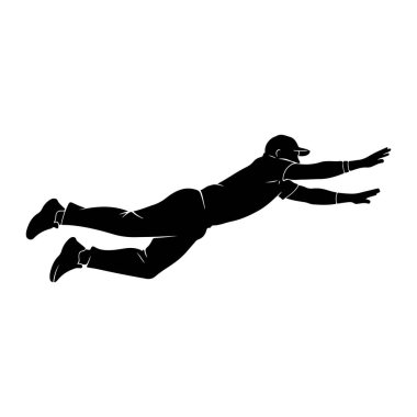 Siyah bir atlet silueti havada, kollarını açıp bir şey yakalamak için öne doğru dalıyor. Sporcu bir şapka takıyor ve atletik giyinmiş gibi görünüyor. Poz, bir spor müsabakası sırasında yoğun bir hareket ve takip anı olduğunu gösteriyor.