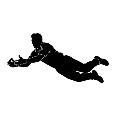 Siyah bir atlet silueti havada, topu yakalamak için ileri dalıyor. Sporcu atletik kıyafetler giyiyor ve bir elinde topu korumak için uzanmış bir eldiven var. Poz, spor arifesinde yoğun bir odaklanma ve atletik hüner göstergesi olduğunu gösteriyor.