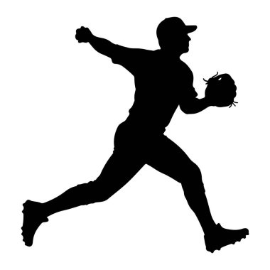 Beyazların arka planında bir beyzbol atıcısının siyah silüeti. Sürahinin elinde şapka ve beyzbol eldiveni var. Vücutları dinamik bir duruşta, bir bacakları önde ve kolları hareket halinde.