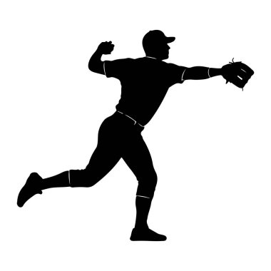 Top fırlatma hareketi yapan bir beyzbol atıcısının siyah silüeti. Sürahinin elinde kep, forma, pantolon ve eldiven var. Şekil, düz beyaz bir arkaplana karşı yapılan eylemin ortasında tasvir edilir.