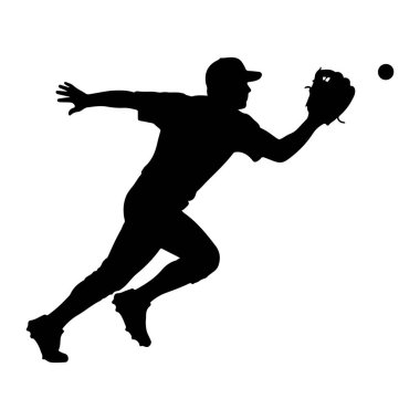 Beyzbol oyuncusunun hareket halindeki siyah silueti beyaz arka planda tasvir edilir. Oyuncu havada küçük, karanlık bir topu yakalamak için beyzbol eldiveniyle uzanıyor. Dinamik duruş aktif bir anı işaret ediyor. 