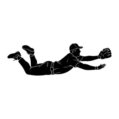 Havada bir beyzbol oyuncusunun siyah silueti, topu yakalamak için kollarını uzatarak ileri doğru dalıyor. Oyuncu sol eline şapka, üniforma ve beyzbol eldiveni takıyor. Bacakları bükülür ve arkalarında geriye doğru hareket eder. 