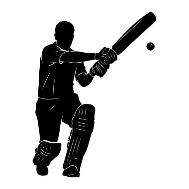 Kriket sopasının siyah silueti salıncakta sallanıyor, kriket sopası tutuyor ve topa vurmaya hazırlanıyor. Vurucu bacaklarına koruyucu pedler takmış. Arkaplan beyaz, katıksız bir karşıtlık oluşturuyor.
