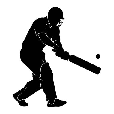 Siyah bir kriket sopasının silueti salıncakta sallanıyor, kaskı ve pedleri var, havada bir top var. Görüntü, beyaz bir arkaplan karşısında siyahın katıksız karşıtlığı, sporun dinamik eylemini vurguluyor..