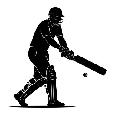 Siyah bir kriket sopasının silüeti, salıncakta sallanıyor, kask, ped ve eldiven takıyor. Vurucu topa vurmak için pozisyon aldı, ki bu vuruş yarasanın önünde görülebiliyor. Görüntü açık ve net, beyaz arkaplanı var..