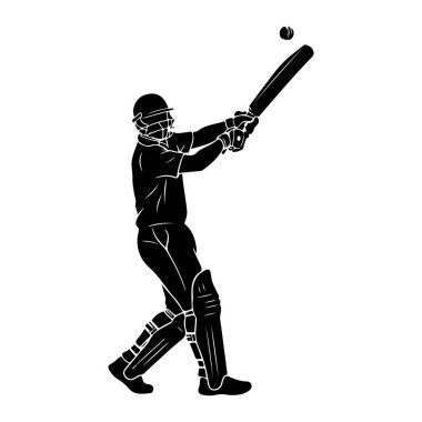 Kriket topuna sopayla vururken, kask, pedler ve eldivenler de dahil olmak üzere tam teçhizatlı bir kriket oyuncusunun siyah silüeti resmedilir. Oyuncu vuruşun ortasında, top sopanın üzerinde havada gösteriliyor. Görüntü simsiyah.