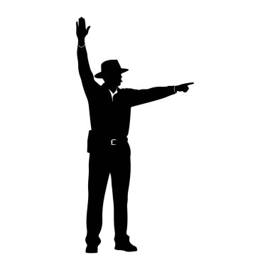 Şapka, gömlek, kemer ve pantolon giyen bir adamın siyah silueti beyaz arka planda duruyor. İki koluyla el kol hareketi yapıyor. Sağ kolu yatay olarak sağa doğru uzanıyor ve işaret parmağı öne bakıyor. Sol kolunu kaldırdı.