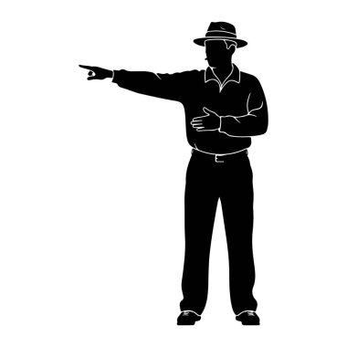 Siyah bir siluet, fötr şapka ve uzun kollu yakalı bir gömlek giymiş bir adam yüzü öne dönük duruyor. Sol kolu sol koluna doğru uzanıyor ve işaret parmağı işaret ediyor. Sağ eli göğsüne yerleştirilmiş. Öyle. 