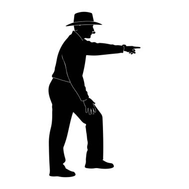 Boynunda bir düdük ve şapka takan bir adamın siyah silueti yan tarafından resmedilir. Sağ eliyle işaret ediyor, sol eli uyluğunda dinleniyor. Şekil beyaz bir arkaplanda izole edilmiştir..