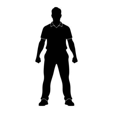 Siyah bir siluet beyaz bir arka plana karşı karşıya duran bir adam. O, kısa kollu ve pantolonlu yakalı bir polo gömlek giyiyor. Yumrukları yanlarından sıkıca kavrulmuş. Silüet temiz ve basit, belirgin bir yüz özelliği yok.