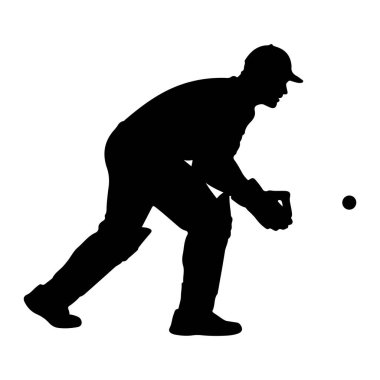 Şapka ve eldiven takan çömelmiş bir beyzbol oyuncusunun siyah silueti beyaz arka planda resmedilir. Oyuncu sağ tarafındaki havadaki küçük, karanlık topu yakalamak için ileri doğru uzanıyor. Resim yakalama