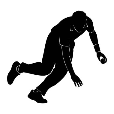 Kriket gibi bir sporda bowling oyuncusu gibi görünen hareketli siyah bir siluet. Şekil öne doğru eğiliyor, bir bacağı uzatılmış ve diğeri eğilmiş, bir fırlatma eyleminin ortasında. Uzatılmış elde küçük bir top görülebilir..