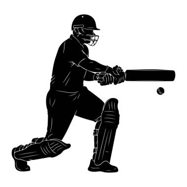 Siyah bir kriket sopasının silueti, topa vurmak için sopa sallıyor. Vurucu, yüz koruyucusu, eldiven ve koruyucu pedleri olan bir kask takıyor. Top yarasanın yanındaki havada görünüyor. Görüntü katıksız siyah beyaz.