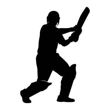 Beyaz bir arka planda kriket sopasının siyah silueti. Vurucu kask ve bacak pedleri takıyor, iki eliyle kriket sopası tutuyor ve topa vuruyor gibi görünüyor. Görüntü bir dinamiği yakalar