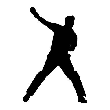 Siyah bir kriket oyuncusu silueti, beyaz bir arkaplanda yakalandı. Şekil dinamik bir pozla tasvir edilmiş, bir kolu kaldırılmış ve bowling oynuyormuş gibi uzatılmış. Bacakları ayrık, bu da p olduğunu gösterir.