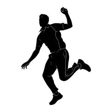 Atışın ortasında bir erkek kriket oyuncusunun siyah silueti. O, yakalı bir gömlek ve pantolon giyiyor, yükseltilmiş elinde bir topla. Vücudu dinamik bir pozisyonda, hareket ve efor gösteriyor. Arkaplan düz beyaz.