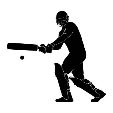 Siyah bir kriket oyuncusu silueti, topa vurmak için sopa sallıyor. Oyuncu kask ve koruyucu bacaklar takıyor. Görüntü, dinamik duruşu ve teçhizatı vurgulayan, beyaz arkaplana karşı siyahın katıksız kontrastıdır.
