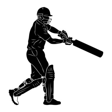 Kriket sopası sallama hareketinde, kask, ped ve eldiven de dahil olmak üzere tam teşekküllü bir kriket oyuncusunun siyah silüeti resmedilir. Sayı yandan gösteriliyor, sopa ileri doğru uzanıyor, bu da güçlü bir darbeyi işaret ediyor. Th