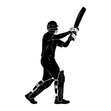 Siyah bir kriket oyuncusu silueti. Kriket sopası sallıyor. Oyuncu kask ve koruyucu bacaklar takıyor. Çizim, oyuncu üniforması ve ekipmanının hatlarını vurgulayan beyaz çizgilerle net ve grafiktir.