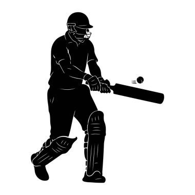 Tam teçhizatlı, kask ve ped takan bir kriket oyuncusunun siyah silueti, vuruş sırasında yakalanır. Oyuncu kriket sopası tutuyor ve kriket topu hareket halindeyken salıncağın ortasında gibi görünüyor. Görüntü açık ve net.