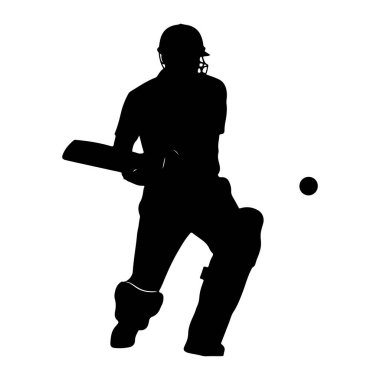Siyah bir kriket oyuncusu silueti, topa vurmak için sopa sallıyor. Oyuncu kask ve koruyucu pedler takıyor. Bu da profesyonel bir spor içeriğini gösteriyor. Beyaz arkaplan karşıtlığı dinamik p 'yi vurgular