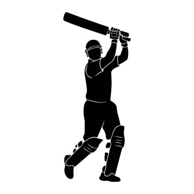 Kriket sopası sallama hareketinde, bir kask ve bacak pedleri de dahil olmak üzere, tam vuruş teçhizatı içinde bir kriket oyuncusunun siyah silueti resmedilir. Bu figür beyaz bir arkaplanda izole edilmiş ve vurucuların dinamik duruşlarını sergiliyor.