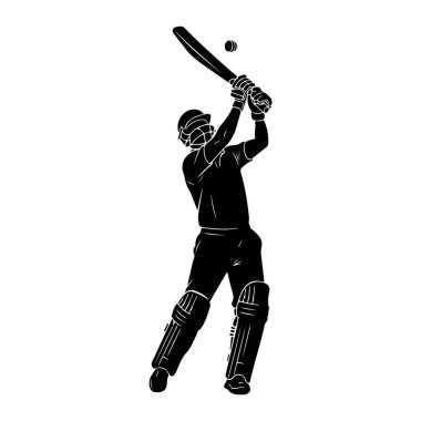 Siyah bir kriket oyuncusunun silüeti, bir kask ve bacak pedleri de dahil olmak üzere tam vuruş takımları içinde salıncağın ortasında yakalanır. Oyuncu kafasının üstünde kriket sopası tutuyor, topa vurmaya hazır, sopanın hemen önünde. Görüntü 