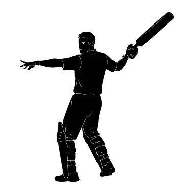Siyah bir kriket oyuncusu silueti vuruş pozisyonunda, kriket sopasını sallamak için kaldırıyor. Tişört, pantolon, sopa pedi ve eldiven giyiyor. Resim beyaz bir arkaplanda izole edilmiştir.