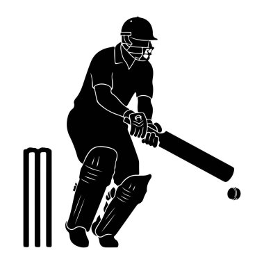 Siyah bir siluet, bir kriket oyuncusunu bir sopa tutarken, kask, ped ve eldiven giyerken resmediyor. Sopanın yanında bir kriket topu görünüyor ve kaleler oyuncunun solunda duruyor. Görüntü katıksız siyah beyaz bir ahır gibi.