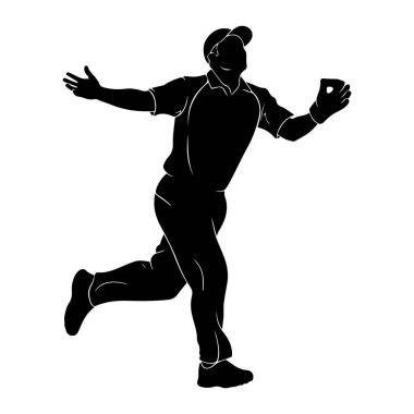 Siyah bir kriket oyuncusunun silueti hareket halinde, bir kolu açık ve bir kolu açık bir şekilde şapka ve üniforma giyiyor, bir topu yakalıyormuş gibi görünüyor. Şekil, d 'yi vurgulayan düz beyaz bir arkaplan üzerinde tasvir edilir