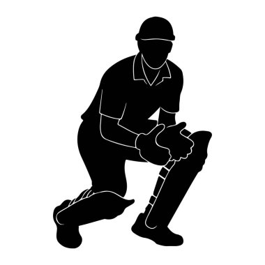 Kask, ped ve eldiven takan çömelmiş bir kriket oyuncusunun siyah silüeti. Oyuncu dinamik bir pozla tasvir edilir, sahaya ya da sopaya hazırdır. Görüntü, siyah ve beyazın katıksız karşıtlığıdır.