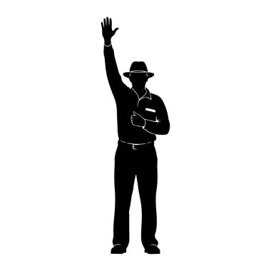Şapka takan bir adamın siyah silueti ve cebi olan yakalı bir gömlek. Sağ kolu elleri açık, sol kolu bükük ve eli göğsüne yakın. O pantolon ve ayakkabı giyiyor. Görüntü beyaz bir arka grupta izole edilmiştir.