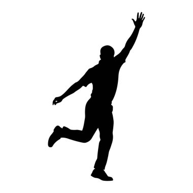 Bir adamın siyah silueti dinamik bir pozda tasvir edilir, sağ kolu yukarı doğru uzanır ve eli açıktır. Sol kolu bükülüp geriye doğru uzanıyor ve bacakları koşuyor ya da zıplıyor. Bu figür sade bir kıyı şeridine karşı izole edilmiştir.