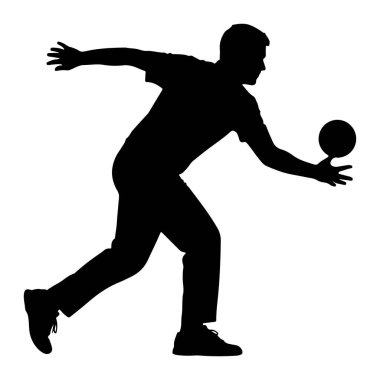 Sağ elinde bowling topu tutan hareket halindeki bir kişinin silüeti atmak üzereydi. Günlük giysiler ve spor ayakkabıları giyiyor. Arkaplan beyaz, figürü izole ediyor ve eylemi vurguluyor.