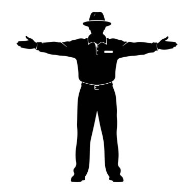 Şapka takan siyah bir siluet, cebi olan yakalı bir polo gömlek, kemerli bir pantolon ve ayakkabılar. Kişi kollarını yatay olarak yana doğru uzatır ve avuçlar öne bakar. Şekil, düz beyaz bir torbaya karşı duruyor.