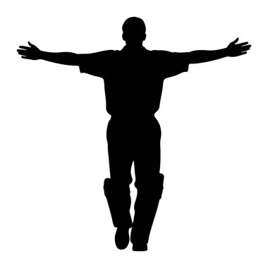 Siyah bir siluet, kollarını iki yana açmış duran bir kişi. Rakam, yastıklı bacak korumaları da dahil olmak üzere atletik giysi giydiğini gösteriyor. Siluet sade beyaz bir arkaplanda izole edilmiş..