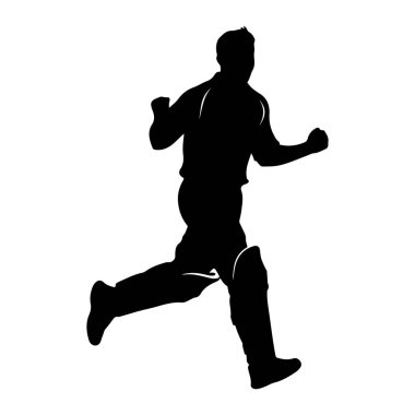 Hareket halindeki bir erkek kriket oyuncusunun siyah silueti. Yumruklarını sıkarak ya da kararlı bir şekilde koşarken resmedilmiş. Oyuncu, bacaklarında koruyucu pedlerle kriket forması gibi bir şey giyiyor. Görüntü bir sta