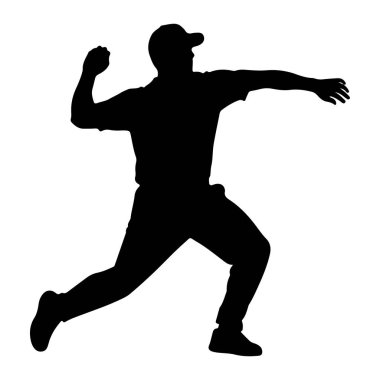 Top fırlatma hareketi yapan bir beyzbol atıcısının siyah silüeti. Şekil bir başlık takıyor ve bir kolu öne doğru, diğeri de arkaya doğru bükülmüş bir şekilde orta hareketin ortasında gibi görünüyor. Siluet düz beyaz bir arkaplan üzerine kuruludur, EMP