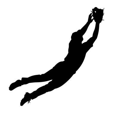 Havada top yakalamak için dalan bir beyzbol oyuncusunun siyah silueti. Oyuncu sol elinde yukarı doğru uzanan bir beyzbol eldiveni olan bir tişört ve pantolon giyiyor. Görüntü, dinamik eylemi vurgulayan beyaz bir arkaplanda izole edilmiştir.