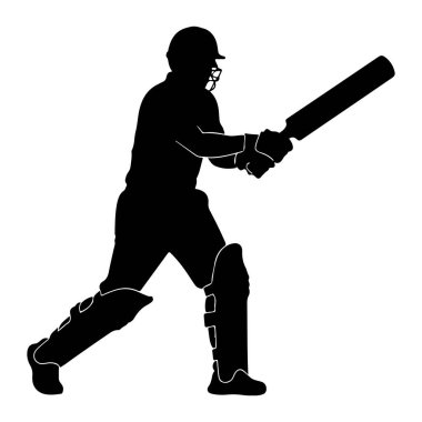 Elinde sopayla sallanan bir kriket sopasının siyah silueti. Vurucu, ellerinde eldiven, bacaklarında koruyucu pedler ve kask takıyor. Şekil, dinamik duruşu vurgulayan düz beyaz bir arkaplan üzerinde tasvir edilir