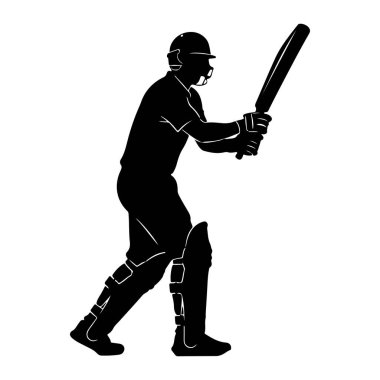 Tam teçhizatlı bir kriket vurucusunun siyah silueti elinde sopayla vurmaya hazır. Bu figür, oyuncu tarafından giyilen koruyucu miğfer, pedler ve eldivenleri gösteren beyaz bir arka plana karşı profil olarak tasvir edilir. Yarasanın ana hatları...
