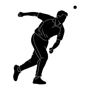 Siyah bir kriket oyuncusunun silueti top taşıma hareketinde. Bovlingci bir gömlek ve pantolon giyiyor ve bir bacağı önde diğeri de arkada orta adımda yakalandı. Top yukarıdaki ve öndeki havada görünüyor.