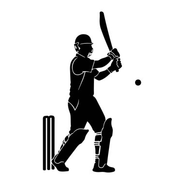 Siyah bir kriket oyuncusunun silüeti vuruş pozisyonunda, bir sopa tutuyor ve topa bakıyor. Oyuncu kask, ped ve eldiven takıyor. Kale oyuncunun solunda görünür, ve top havadayken sağda. Görüntü basit, Gra.