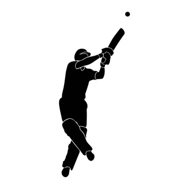 Siyah bir kriket oyuncusu silueti, topa vurmak için sopa sallıyor. Oyuncu kask ve yastık takıyor, ve top yarasanın üstündeki havada görünüyor. Arkaplan düz beyaz.