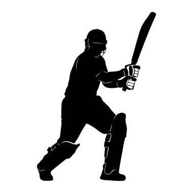Kriket sopası tutan bir kriket oyuncusunun siyah silüeti. Oyuncu bacaklarına kask ve koruyucu pedler takmış. Beyaz arka planda, dinamik duruşu vurgulayan, katıksız siyah beyaz bir grafik.