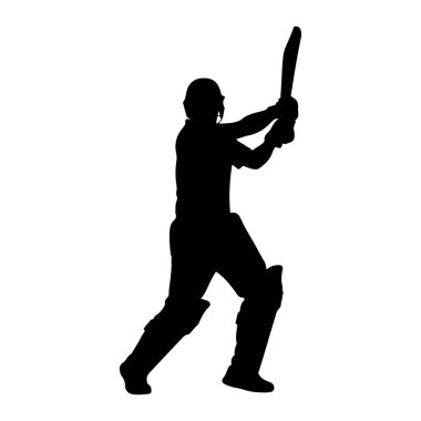 Kriket sopası tutan bir kriket oyuncusunun siyah silüeti. Oyuncu bacaklarına kask ve koruyucu pedler takmış. Siluet beyaz bir arkaplanda izole edilmiş, bu da sporcunun dinamik duruşunu gösteriyor.