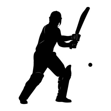 Siyah bir siluet, bir kriket oyuncusunu topa vurmak için sopa sallarken resmediyor. Oyuncu koruyucu giysiler giyiyor, bacaklarında pedler ve kask da var. Görüntü net, denek beyaz bir arkaplanda izole edilmiş, vurgulanıyor