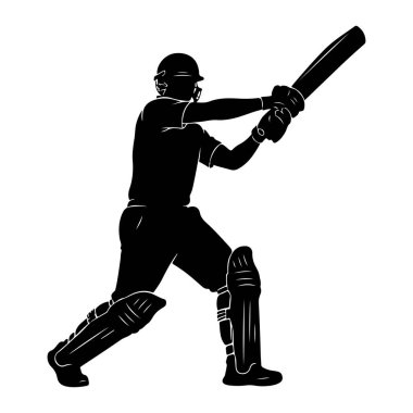 Siyah bir kriket oyuncusunun silüeti, sopayla sallanırken. Oyuncu bacaklarına kask ve koruyucu pedler takmış. Görüntü net, beyaz bir arkaplanda izole edilmiş, dinamik duruşu ve sp 'yi vurguluyor.