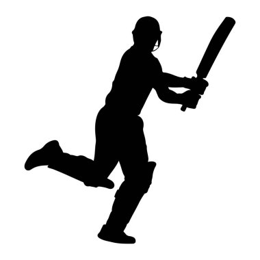Siyah bir kriket oyuncusunun silueti iş başında, kask ve pedler takıyor, sopa sallıyor. Oyuncu hareket halinde, bir bacağı uzatılmış ve diğeri bükülmüş, güçlü bir vuruş ya da koşuya işaret ediyor. Resim beyaz bir arkaplanda izole edilmiştir.